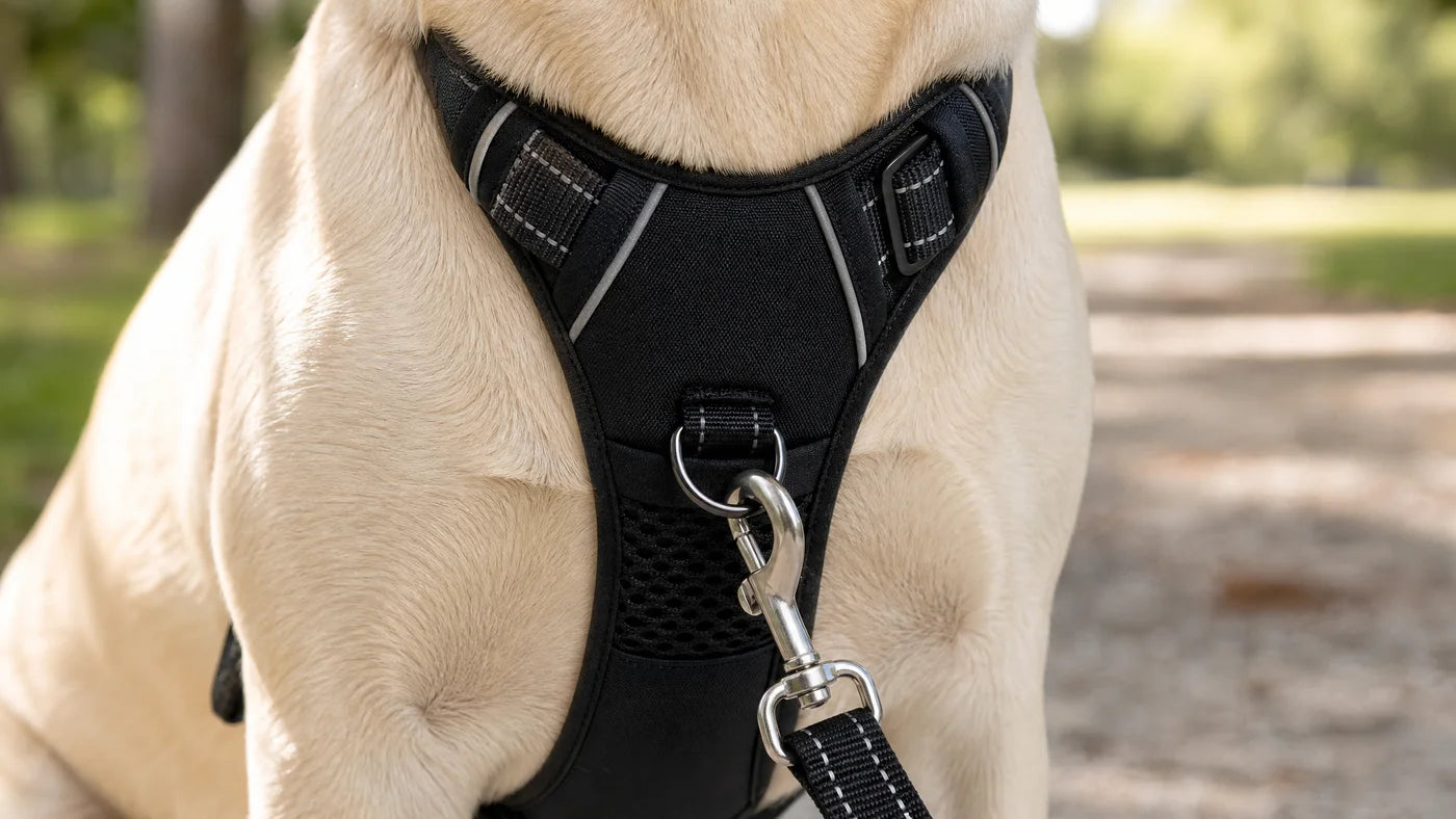 The leash clips to the ring at the center of the chest. A pulling dog is turned to the side instead of gaining ground.