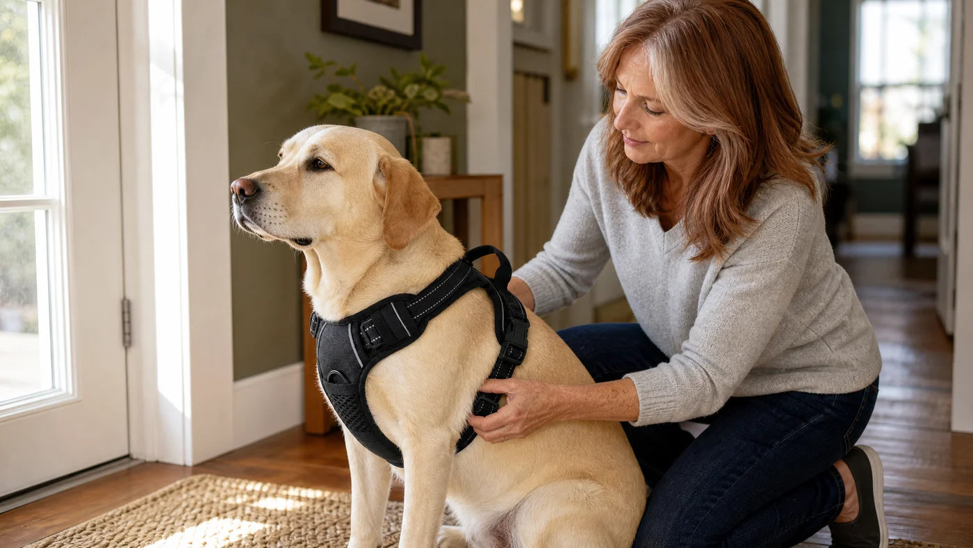 No complicated buckles, no wrestling: Rocky's first time in the Furtect™ Anti-Pull Harness.
