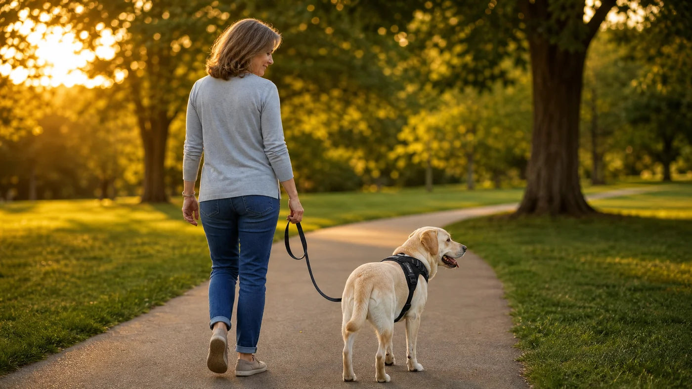 Six months later: a loose leash, a relaxed dog, and walks that belong to both of them again.