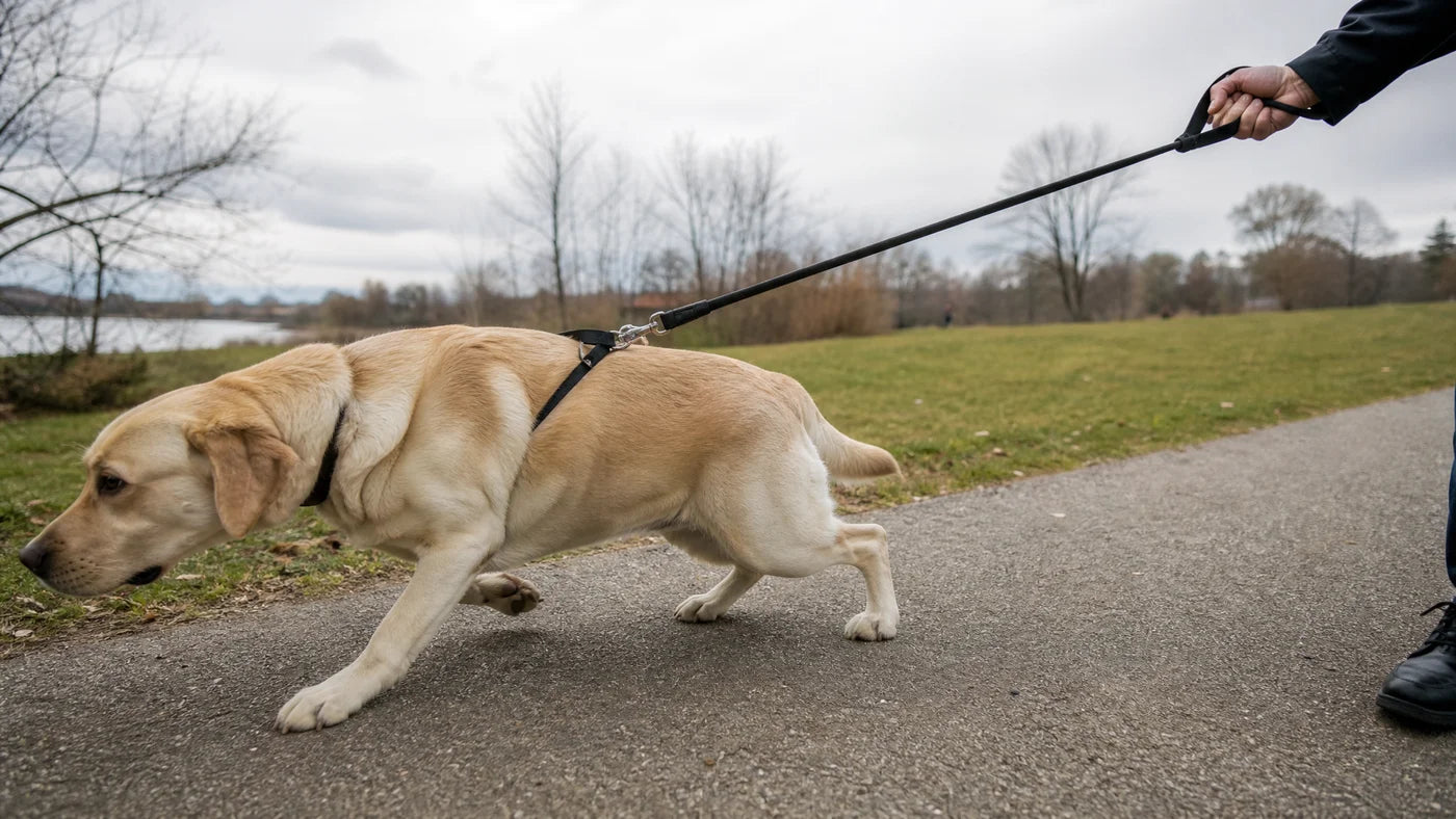 The moment every walk revolved around: Rocky at the end of a tight leash, Deborah bracing behind him.