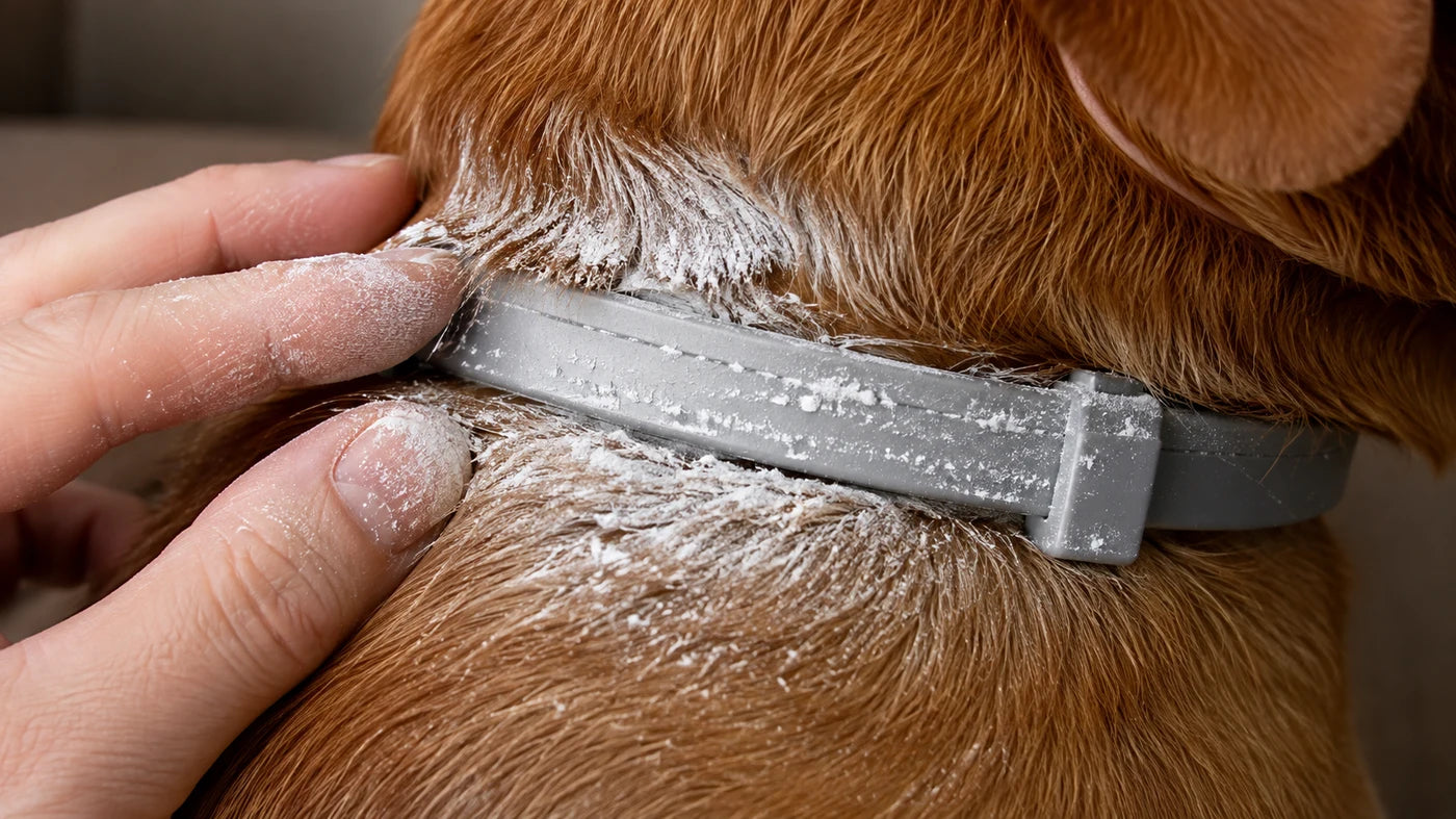 The white residue on chemical collars transfers to fur, furniture, and hands. It is not just on the dog.