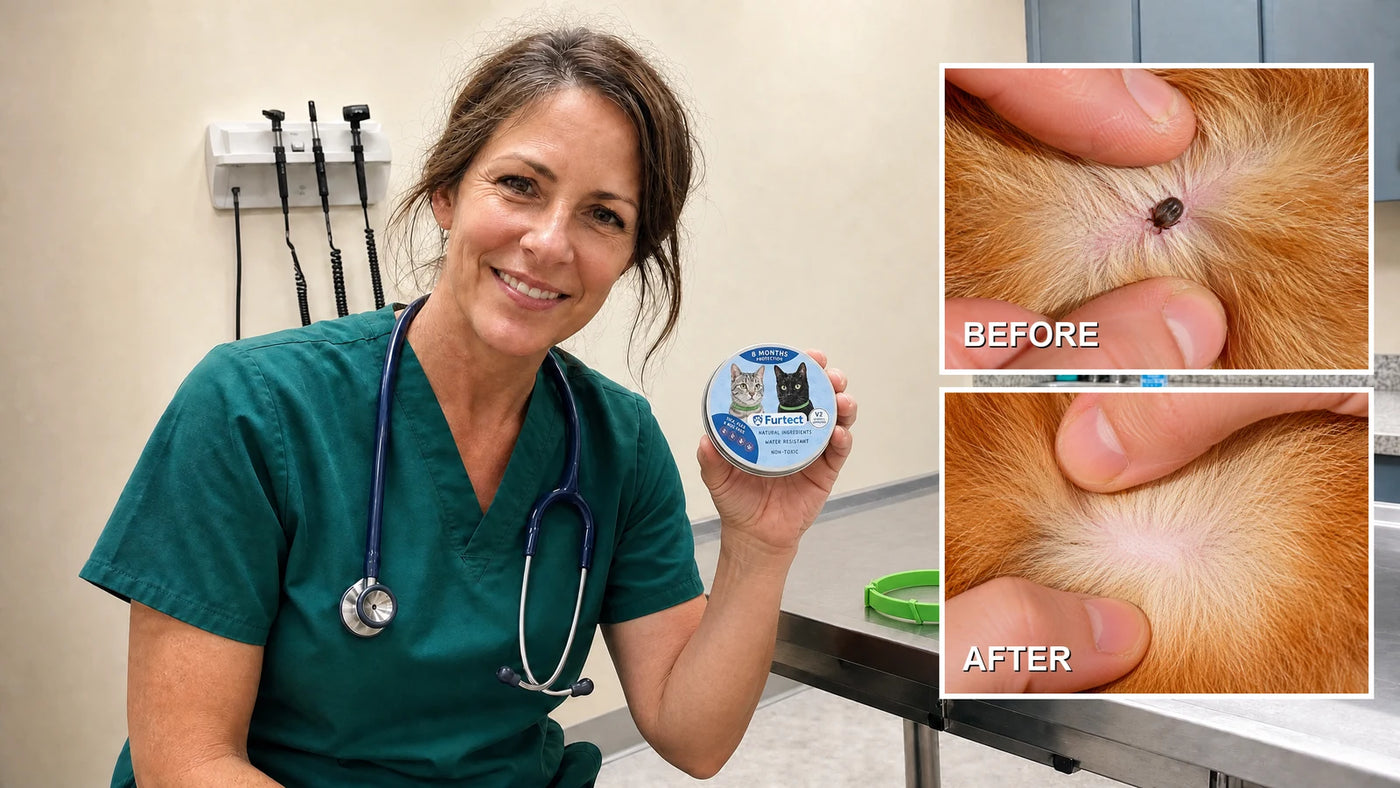 Dr. Hannah Caldwell, DVM with the Furtect harness, before and after
