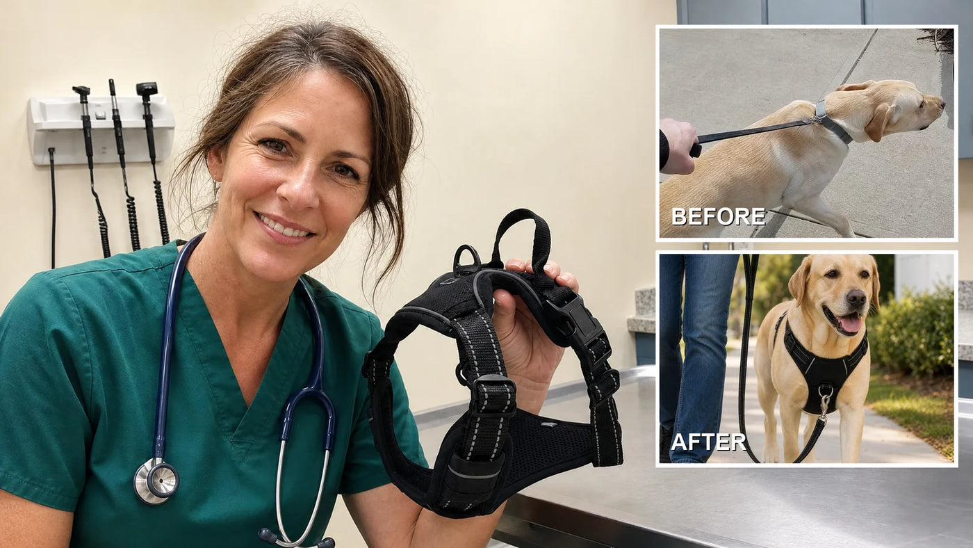 Dr. Hannah Caldwell, DVM with the Furtect harness, before and after