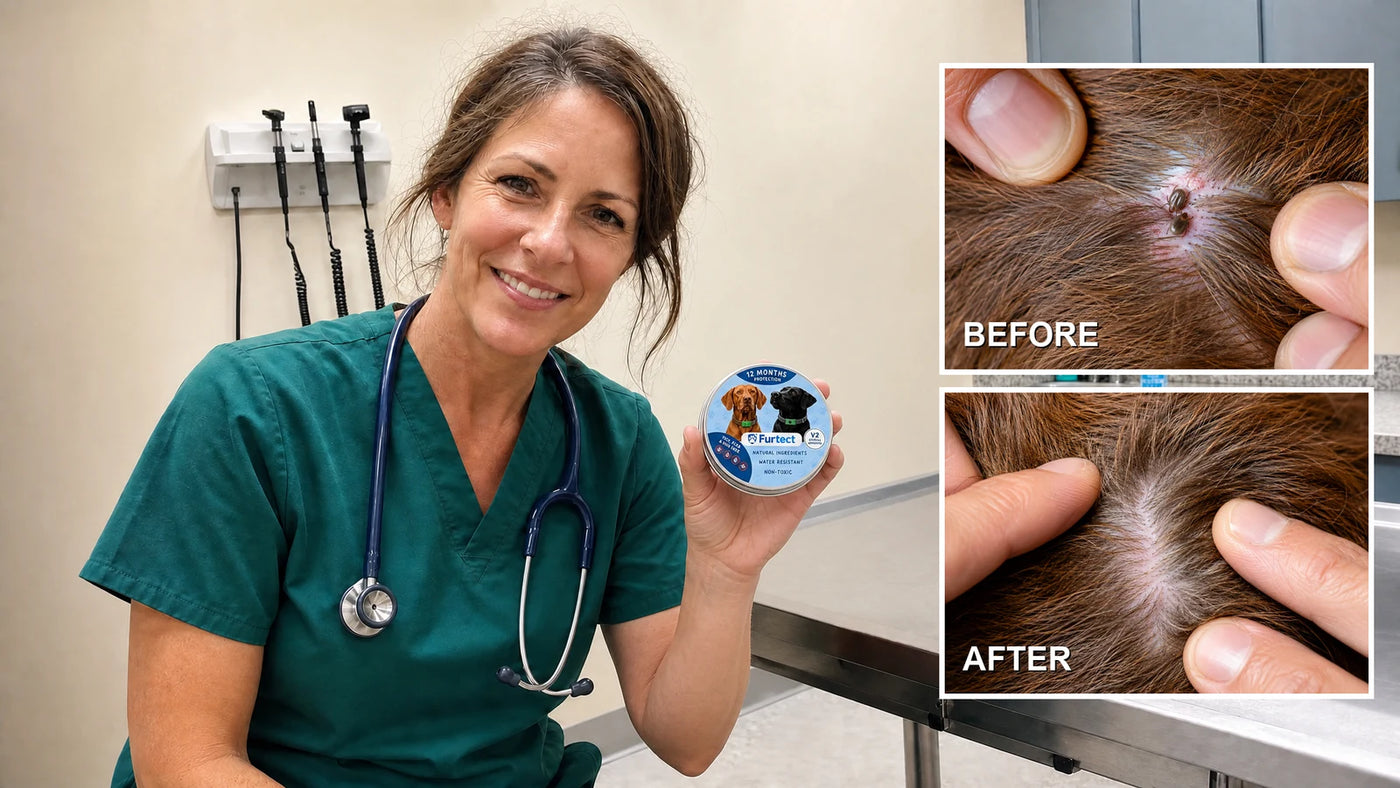 Dr. Hannah Caldwell, DVM with the Furtect harness, before and after